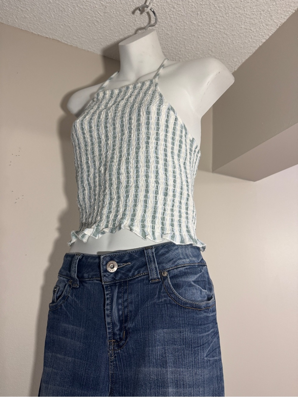 American Eagle Green and White Striped Ruched Halter Crop Top